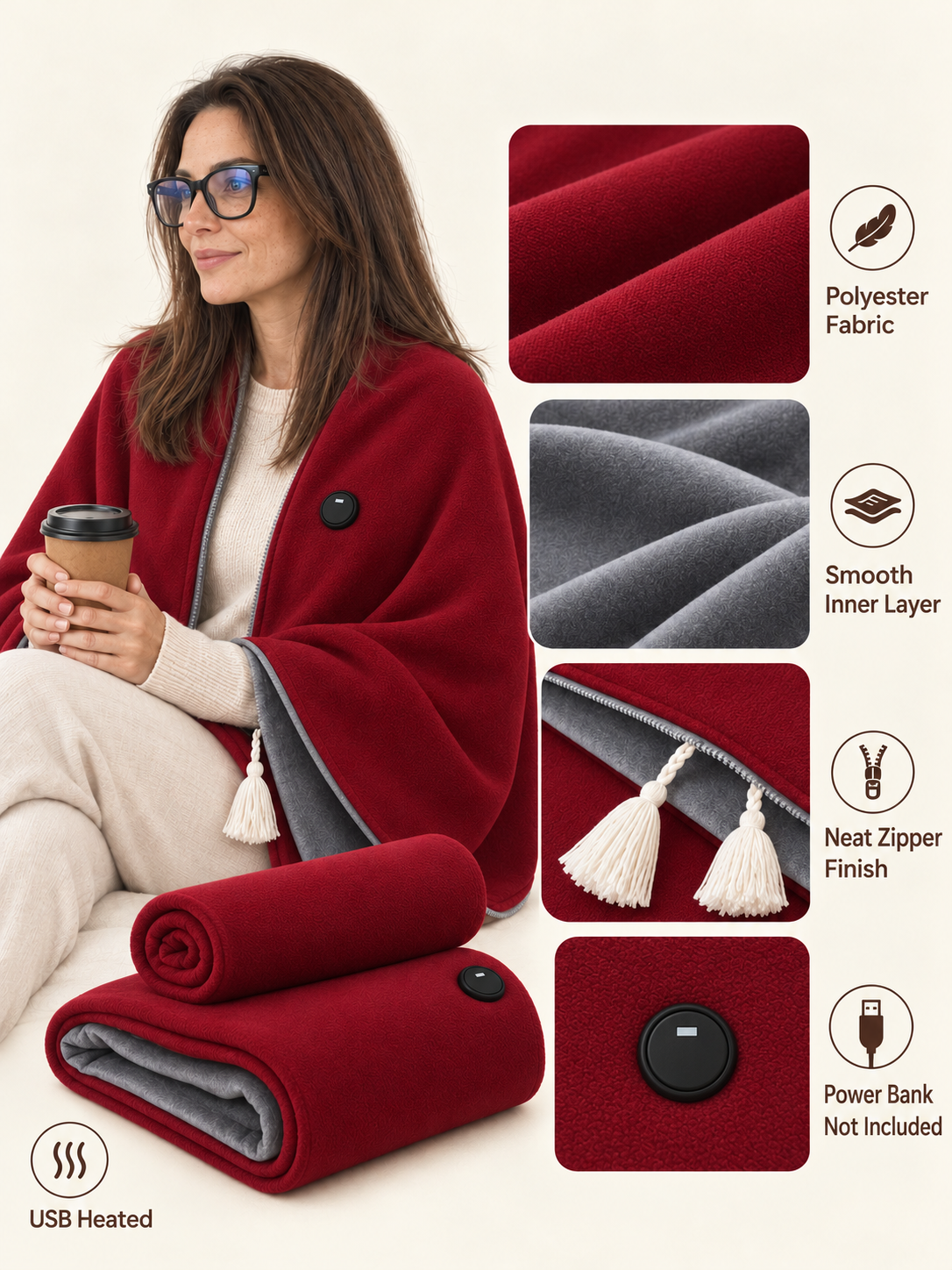 Finimade burgundy polyester USB heated shawl with grey lining and front zipper