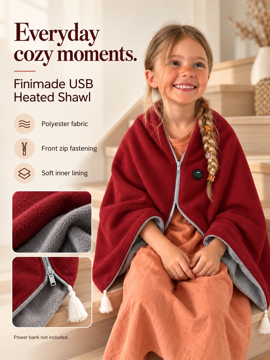 Everyday cozy moments — Finimade burgundy polyester shawl with grey lining and front zipper