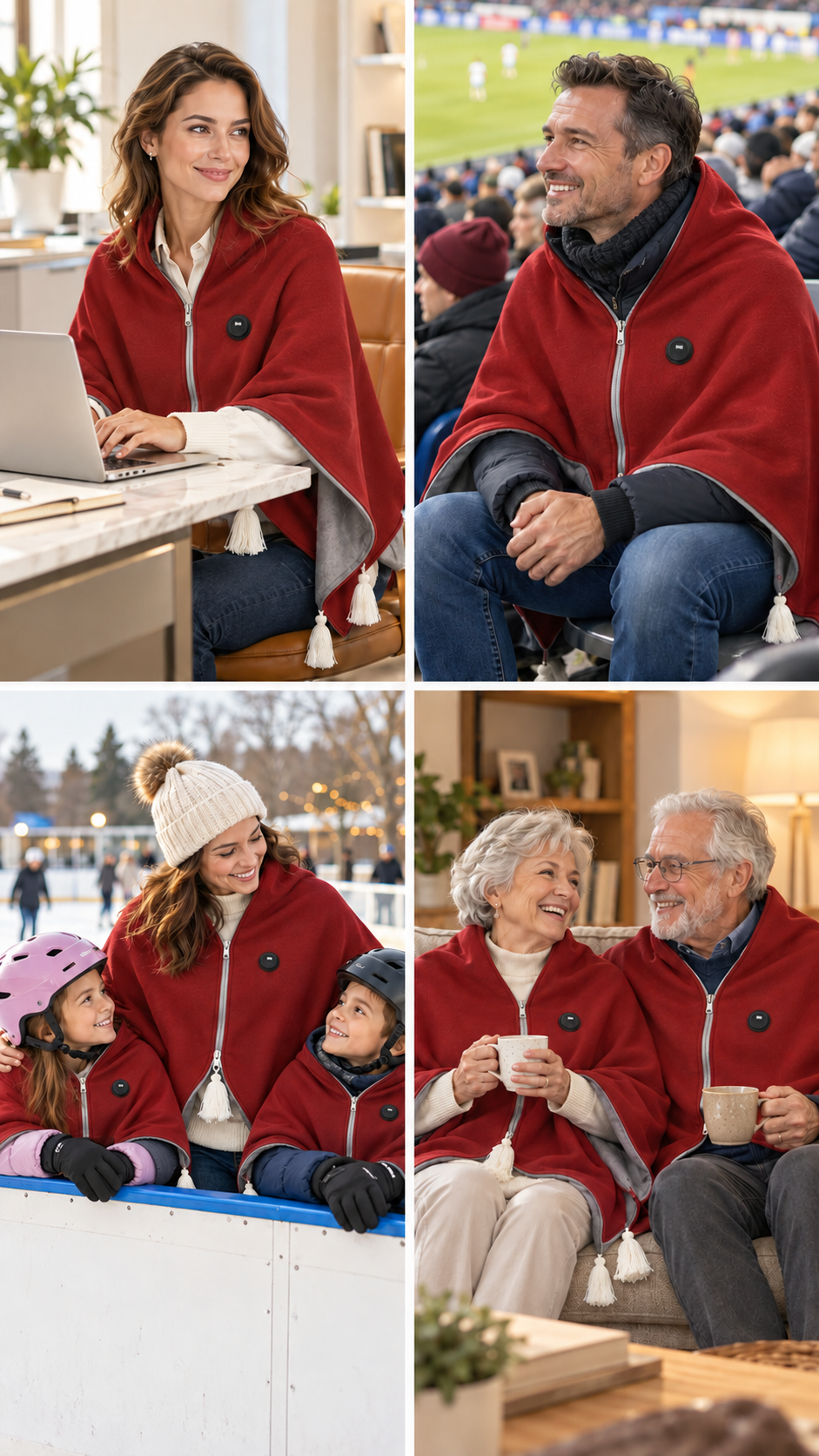 Finimade burgundy shawl lifestyle collage: office, stadium, family at an ice rink and grandparents at home